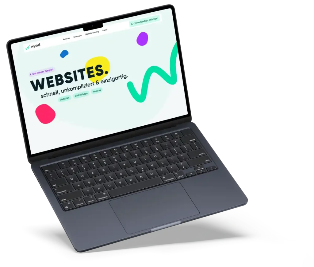 Ein schwebender Laptop, der eine Website mit bunten Kreisen zeigt, vor transparentem Hintergrund.