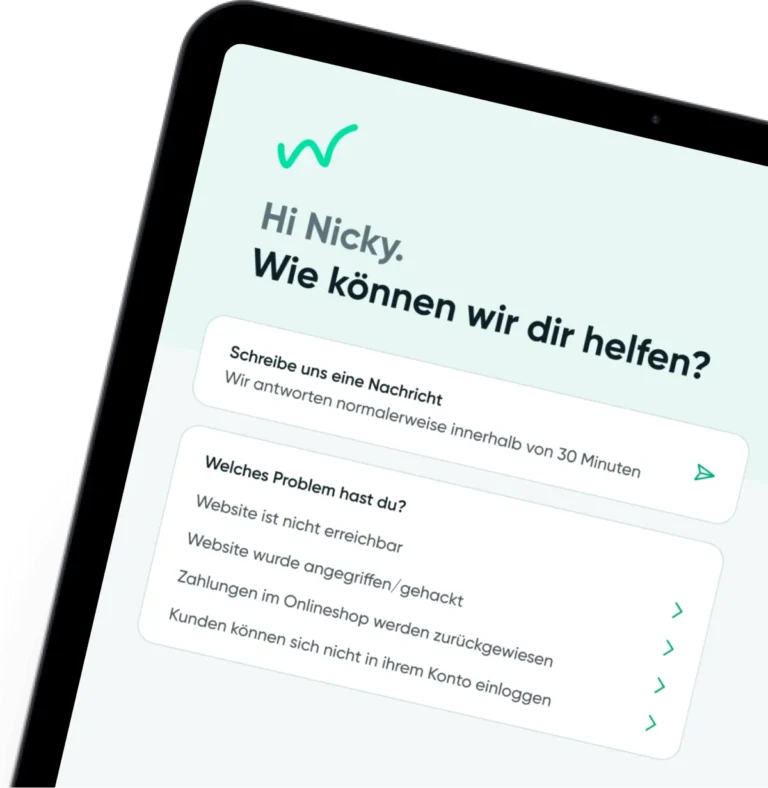 Ein Ausschnitt des Bildschirms eines Tablets, auf dem die Startseite eines Supportbereichs mit der Überschrift "Hi Nicky. Wie können wir dir helfen?" zu sehen ist.